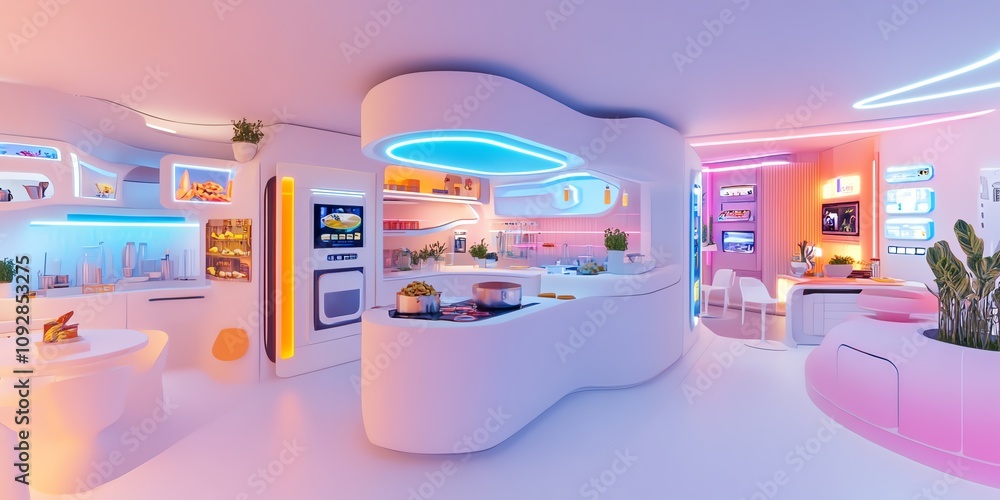 Wide-angle view, futuristic kitchen skyline, neon-lit culinary creations, vibrant colors, harmonious blend of tech and art Wide-angle view, futuristic kitchen skyline, neon-lit culinary creations, vibrant colors, harmonious blend of tech and art