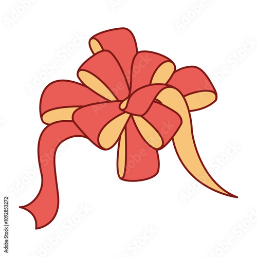 Trendy flat style Red and gold ribbon bow. Hand drawn red and yellow bowknot for decoration gift bowtie. Vector illustration