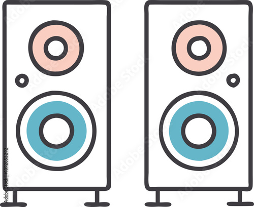 Dual speakers with colorful driver accents, Illustration of two modern speakers featuring dual drivers with pastel pink and blue accents, symbolizing a stylish stereo sound system.
