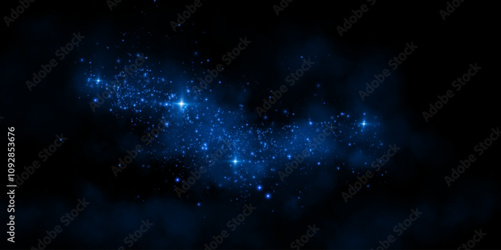 Obraz premium Fantastic smoke background. Magic smoke with glitter and small particles of twinkling stars, fog with luminous particles, blue vapor with stardust. Vector illustration. 