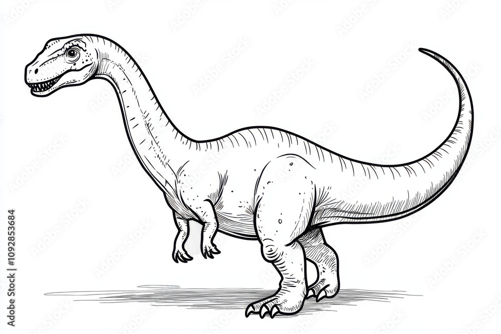 Fototapeta premium coloring page for kids, A long-necked, dinosaur with standing upright on with two hind legs and four toes. it has two arms and five claws, that is in the air. on a white background,