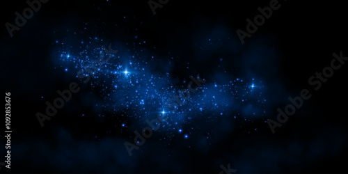 Fantastic smoke background. Magic smoke with glitter and small particles of twinkling stars, fog with luminous particles, blue vapor with stardust. Vector illustration.	