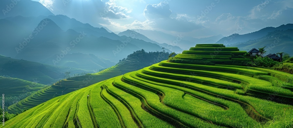 Fototapeta premium Rice terraces in the mountains of Vietnam, golden light, sunlight shining on green rice fields.