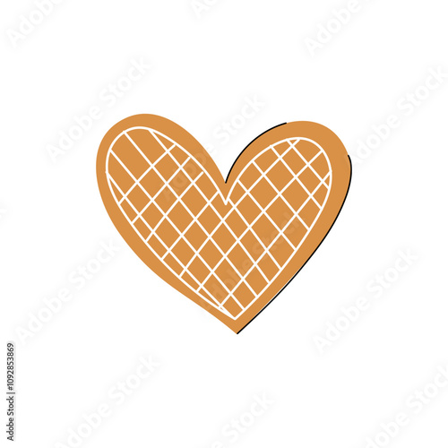 Gingerbread cookie in heart shape with white icing glaze isolated on white background. Hand drawn vector flat colored illustration. Merry christmas traditional sweets, icon, sticker