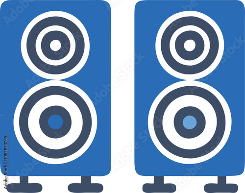 Dual blue speakers with dual drivers, Illustration of two blue speakers featuring dual circular drivers on each, symbolizing a stereo sound system with a modern design.
