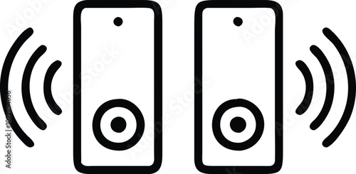 Dual speakers with sound wave icons, Black outline illustration of two speakers emitting sound waves, symbolizing stereo audio or a sound system in a minimalist design.
