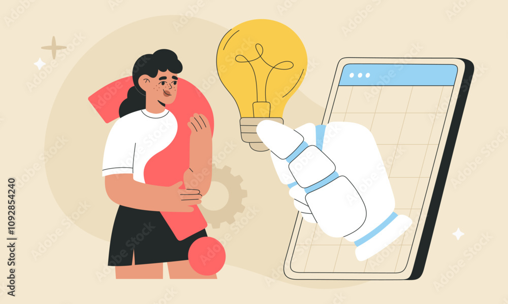 AI chat bot in smartphone help to find solutions and answers, robotic hand hold light bulb, girl holding question mark, assistant generate creative ideas. Flat vector illustration, isolated background AI chat bot in smartphone help to find solutions and answers, robotic hand hold light bulb, girl holding question mark, assistant generate creative ideas. Flat vector illustration, isolated background