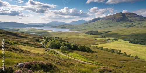 High angle shot of landscape in Poolewe Achnasheen Highlands Scotland, waterfalls, glen scenery photo