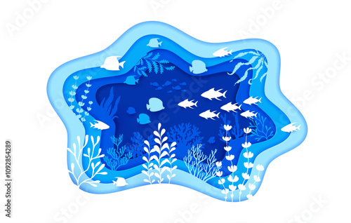 Paper cut blue underwater landscape with fish shoal and seaweeds silhouettes, vector background. Sea underwater or ocean undersea life in paper cut water with cartoon cutout fishes in seaweed