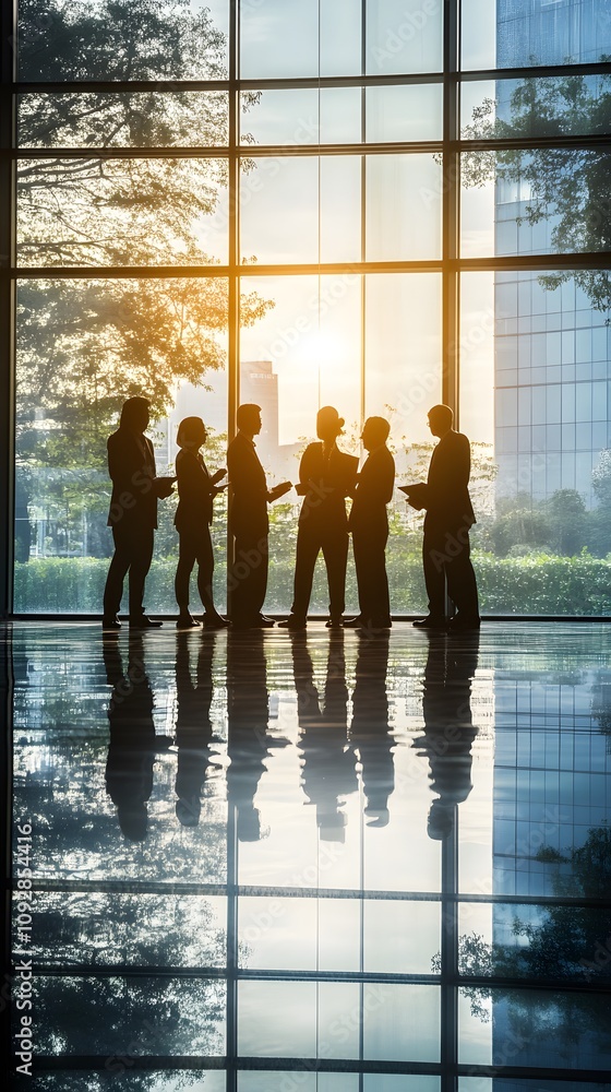 Fototapeta premium A group of business people in silhouette, standing and talking with their shadows cast on the floor by large windows behind them.