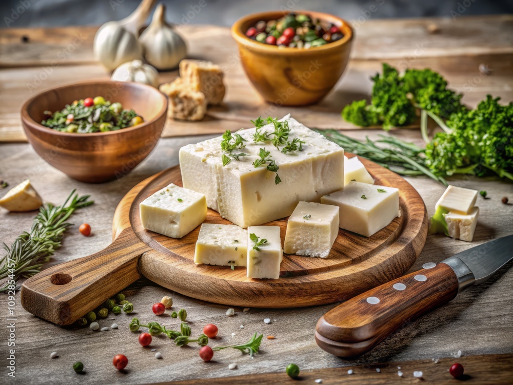 Fresh Paneer, Tofu, and Feta Cheese with Thyme on a Wooden Cutting Board, Perfectly Styled for Culinary and Urban Exploration Photography Fresh Paneer, Tofu, and Feta Cheese with Thyme on a Wooden Cutting Board, Perfectly Styled for Culinary and Urban Exploration Photography
