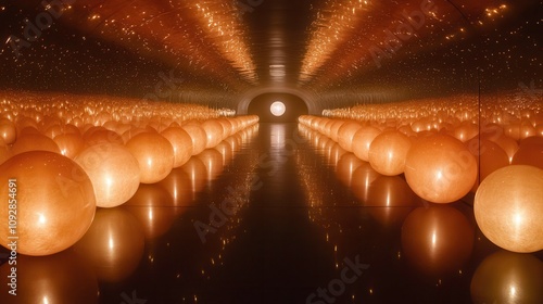 Illuminated pathway of glowing orbs futuristic gallery art installation serene ambience wide-angle perspective