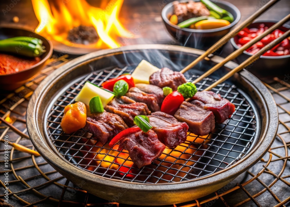 Grilled Beef Bulgogi on Charcoal Stove with Fresh Ingredients for Authentic Korean BBQ Experience in a Minimalist Restaurant Setting Grilled Beef Bulgogi on Charcoal Stove with Fresh Ingredients for Authentic Korean BBQ Experience in a Minimalist Restaurant Setting
