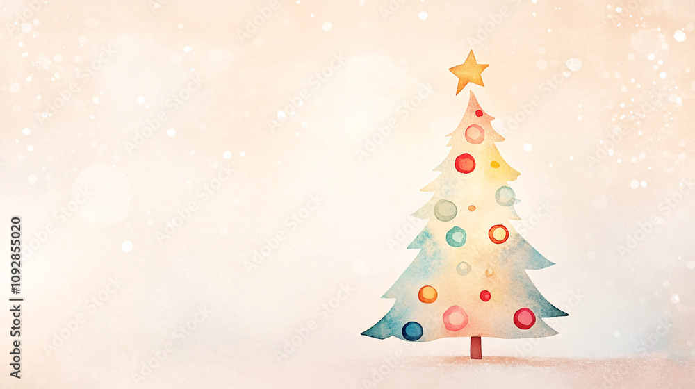 A cozy watercolor painting of a Christmas tree with colorful baubles, shimmering lights, and a star at the top. The tree is surrounded by a soft snowfall effect, creating a peaceful and joyful A cozy watercolor painting of a Christmas tree with colorful baubles, shimmering lights, and a star at the top. The tree is surrounded by a soft snowfall effect, creating a peaceful and joyful