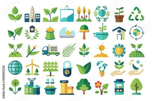 A collection of green icons and symbols, including a house, a tree, a truck