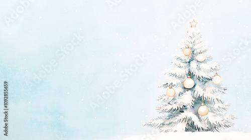 A modern watercolor painting of a Christmas tree, featuring sleek silver and white ornaments with soft gold accents. The background includes gentle hints of snow falling against a soft blue winter