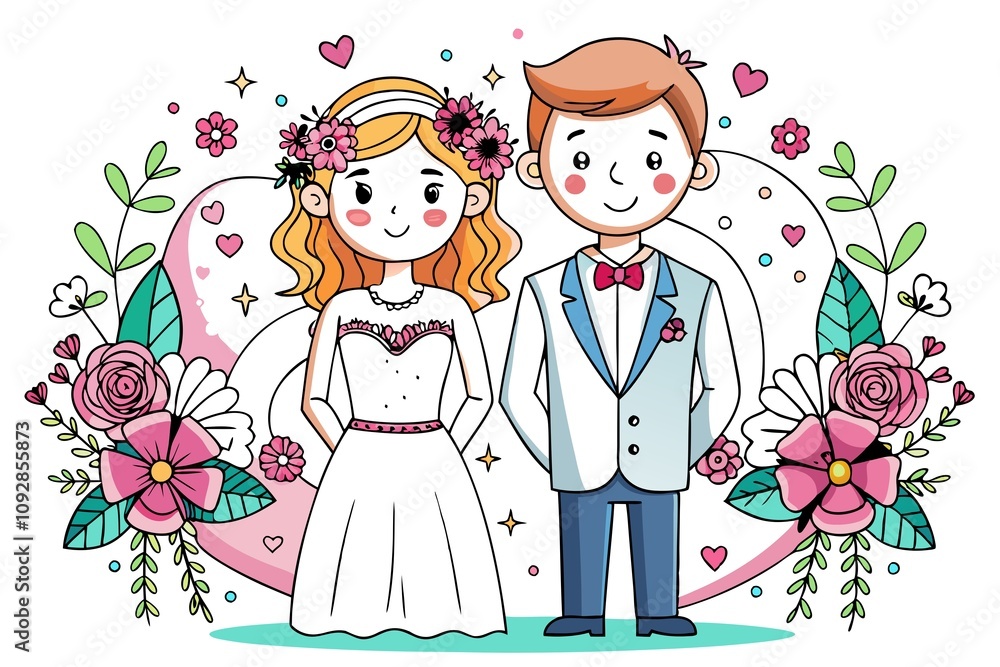 A couple is standing in front of a flower arrangement A couple is standing in front of a flower arrangement