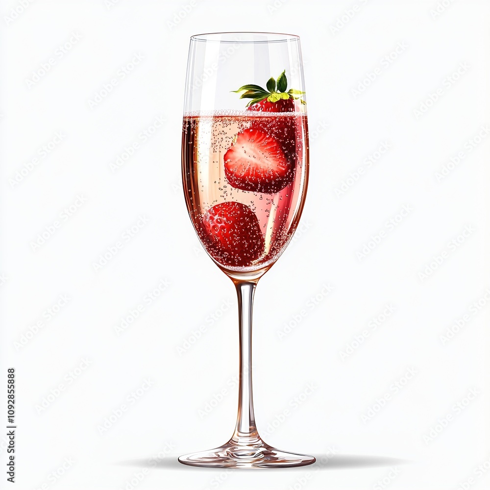 Glass of sparkling wine with strawberries on white background. Glass of sparkling wine with strawberries on white background.