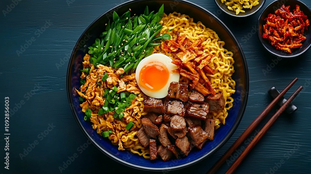 Colorful Bowl of Ramen Noodles with Vegetables, Egg, and Tender Beef on Dark Surface Surrounded by Spices and Chopsticks for Tempting Culinary Experience Colorful Bowl of Ramen Noodles with Vegetables, Egg, and Tender Beef on Dark Surface Surrounded by Spices and Chopsticks for Tempting Culinary Experience
