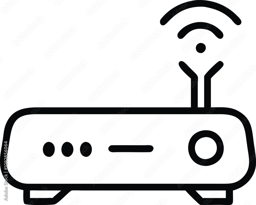 Wi-Fi router icon with signal waves, Black outline illustration of a wireless Wi-Fi router featuring an antenna and signal waves, designed in a simple and modern style.
Wi-Fi router icon with signal waves, Black outline illustration of a wireless Wi-Fi router featuring an antenna and signal waves, designed in a simple and modern style.