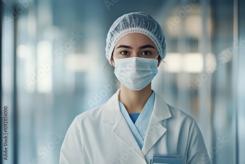 A healthcare worker wearing a mask and hairnet stands confidently in a hospital corridor, showcasing dedication to patient care and safety during a busy workday. photo