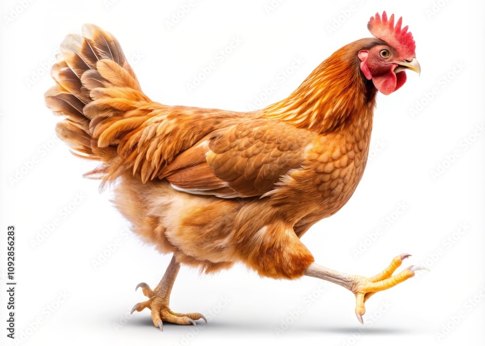 Fototapeta premium Isolated Running Hen on a White Background with Ample Copy Space for Creative Uses in Agriculture, Farming, or Poultry-Related Projects