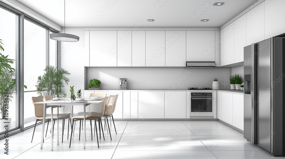 Fototapeta premium Modern White Kitchen with Dining Area. Concept of Minimalist Design, Clean Lines, and Modern Living.