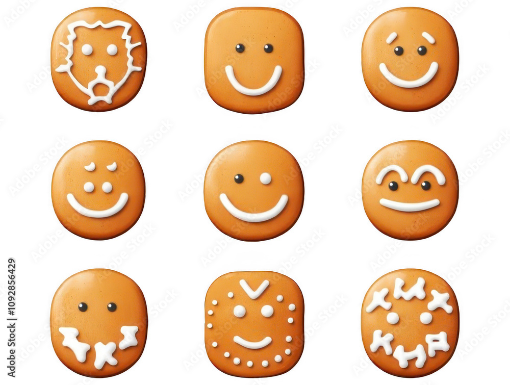 Fototapeta premium Collection of traditional cute gingerbread emoticon cookies isolated on transparent background