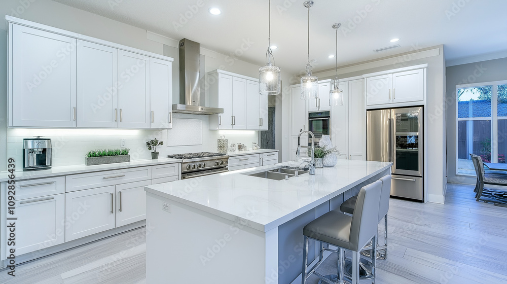 Modern White Kitchen with Island. Concept of Contemporary Design and Functionality. Modern White Kitchen with Island. Concept of Contemporary Design and Functionality.