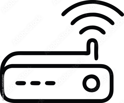 Wi-Fi router icon with signal waves, Black outline illustration of a wireless Wi-Fi router featuring an antenna and signal waves, designed in a simple and modern style.
