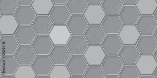  Abstract hexagon background. Futuristic abstract honeycomb mosaic grey technology background. Surface polygon pattern with glowing hexagon paper texture and futuristic business. graphic concept.