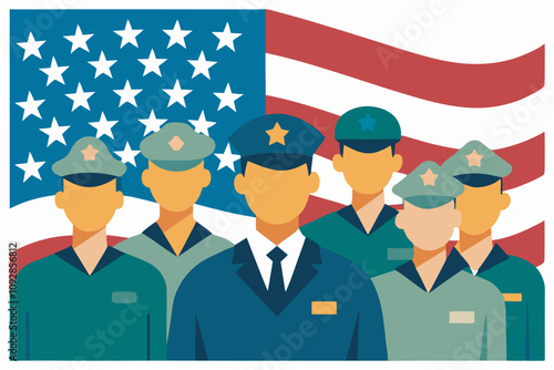 Image shows 6 military personnel in front of a US flag. Varying uniforms suggest different ranks, with one in a distinctive blue outfit possibly indicating a specific rank.