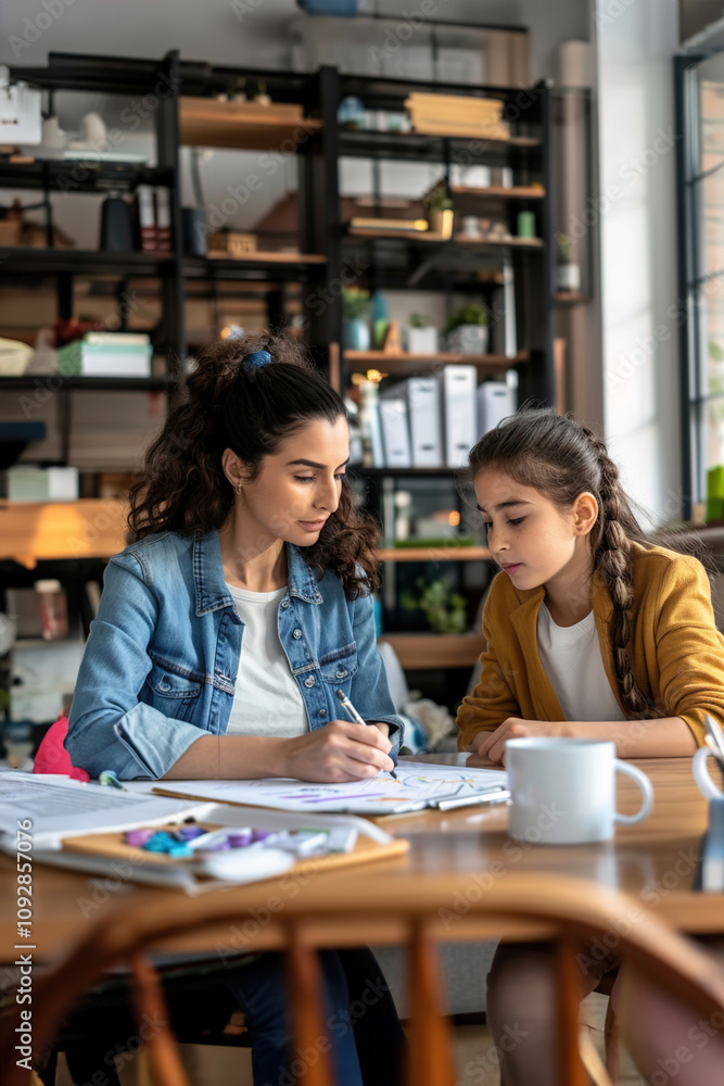 A mother explaining math problems on a whiteboard, child sitting attentively at desk A mother explaining math problems on a whiteboard, child sitting attentively at desk