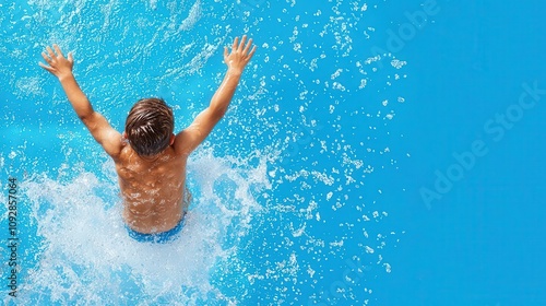 A boy doing a cannonball into a pool, water droplets spraying everywhere, cannonball splash, summer pool fun