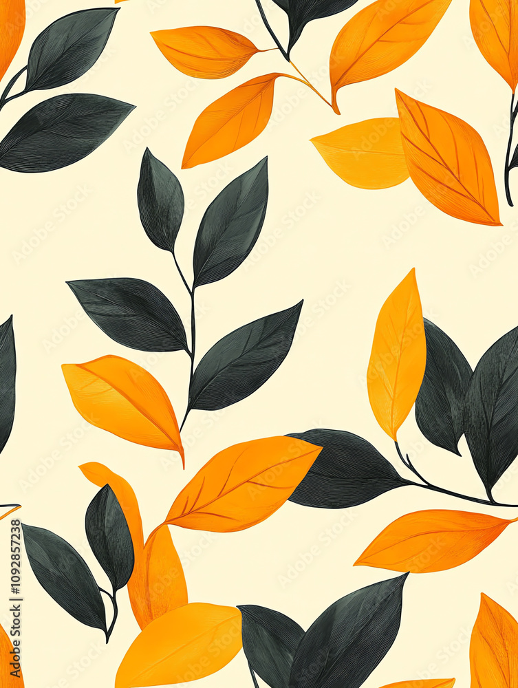 Orange and black leaves seamless pattern, autumn design Orange and black leaves seamless pattern, autumn design