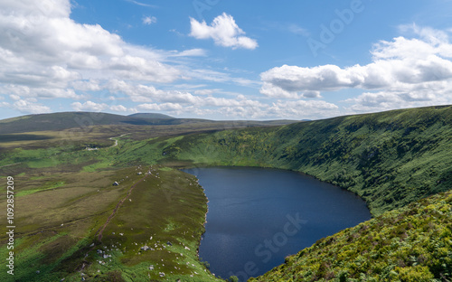 Tranquil, idyllic landscape that transmits peace and harmony. Spectacular scenery of the Dublin Mountains and Lough Bray lake.