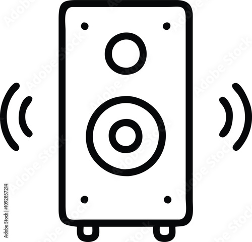 Speaker icon with sound waves in outline, Black outline illustration of a speaker featuring two circular drivers and sound wave symbols, designed in a minimalist modern style.
