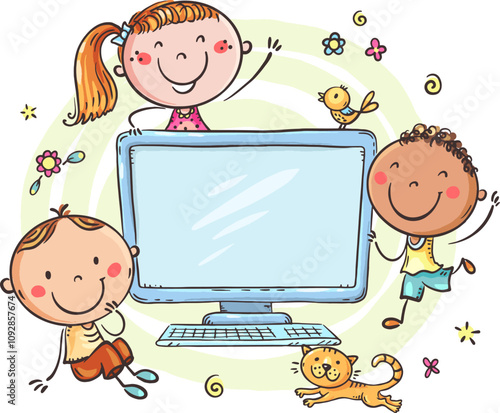 Happy cartoon kids and computer. Doodle children using desktop computer to study. Vector illustration