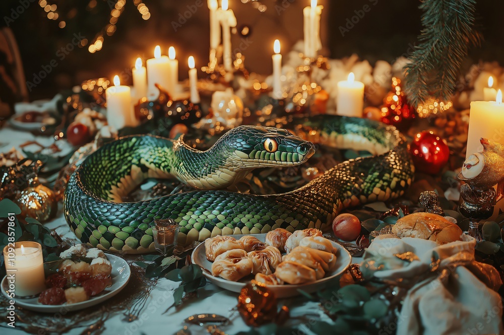 Obraz premium Green snake is slithering over a table decorated for Christmas dinner, surrounded by candles, pastries, and ornaments