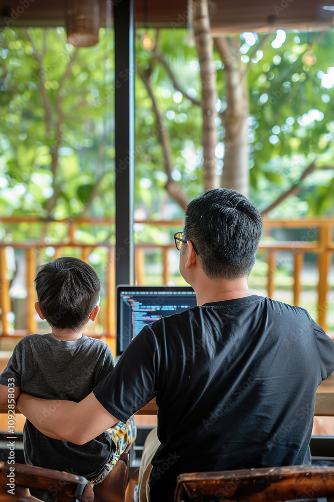 Father teaching his son basic coding on a laptop, both focused on the screen Father teaching his son basic coding on a laptop, both focused on the screen