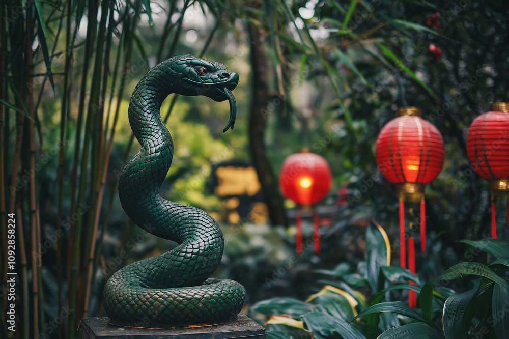 Fototapeta premium Green snake statue standing in a lush garden with red lanterns in the background, conveying a sense of mystery and oriental charm