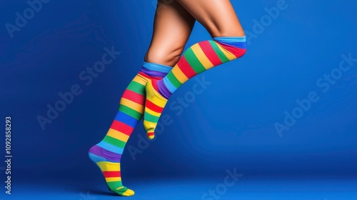 Dynamic leg movement in colorful striped socks studio fashion photography bright blue background playful concept