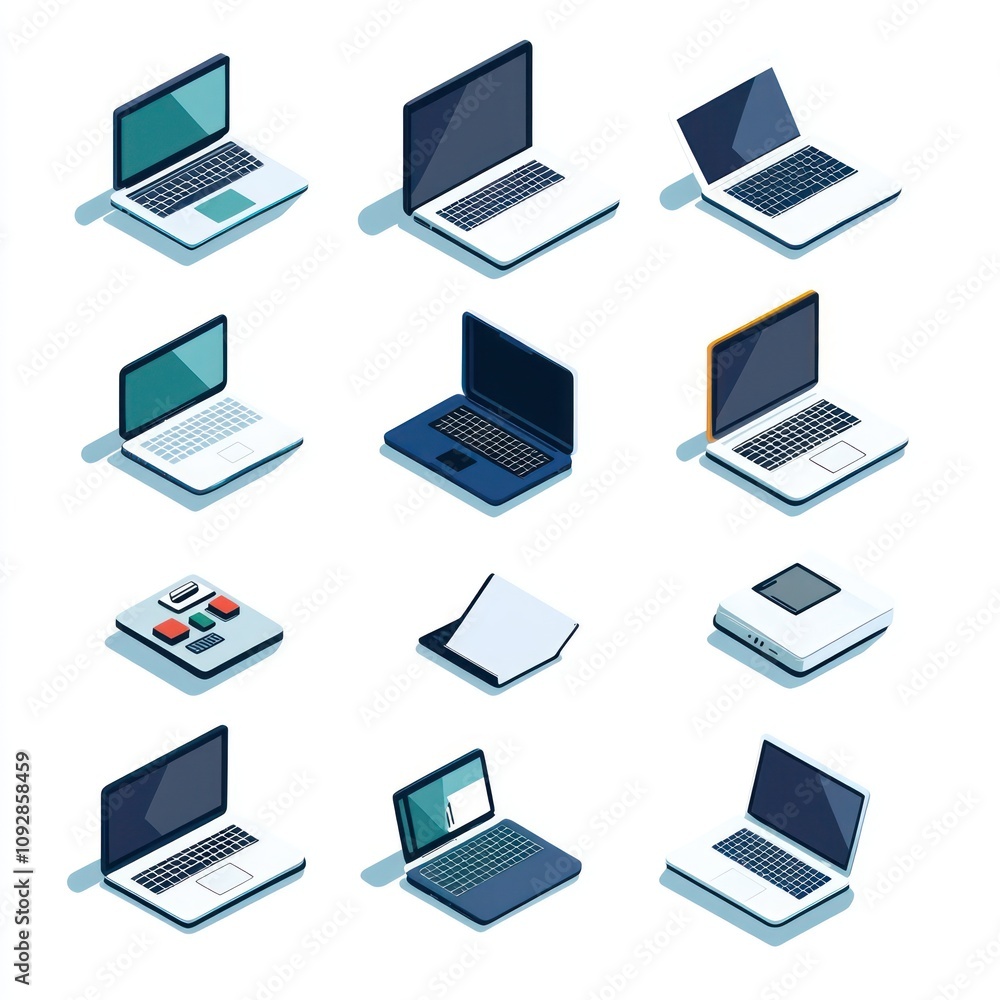 A collection of illustrated laptops in various designs and orientations. A collection of illustrated laptops in various designs and orientations.