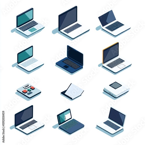 A collection of illustrated laptops in various designs and orientations.