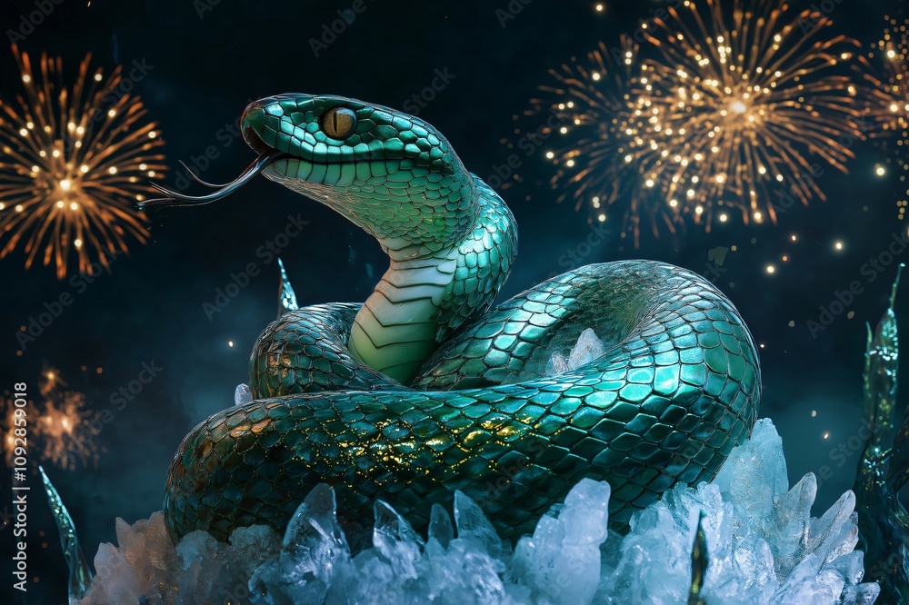 Fototapeta premium Majestic green snake is resting on a throne of ice crystals as fireworks explode in the background