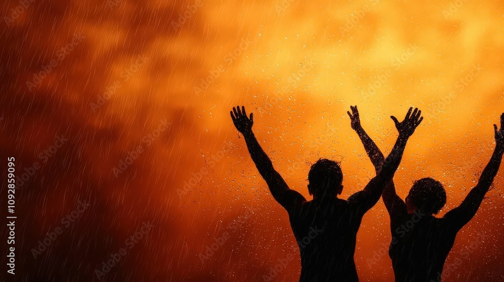 Friends dancing in a summer rain shower, droplets splashing joyfully, rain dance splash, carefree summer fun Friends dancing in a summer rain shower, droplets splashing joyfully, rain dance splash, carefree summer fun