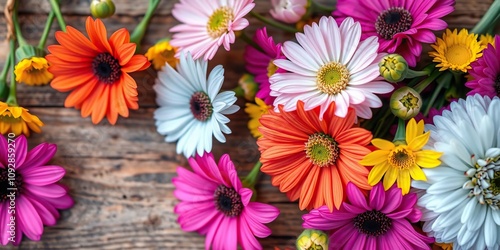 Close-up of Colorful Flowers on Wooden Board, petal textures, floral patterns