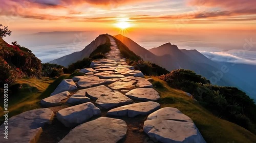 Scenic Mountain Pathway with Vibrant Sunset View

 photo