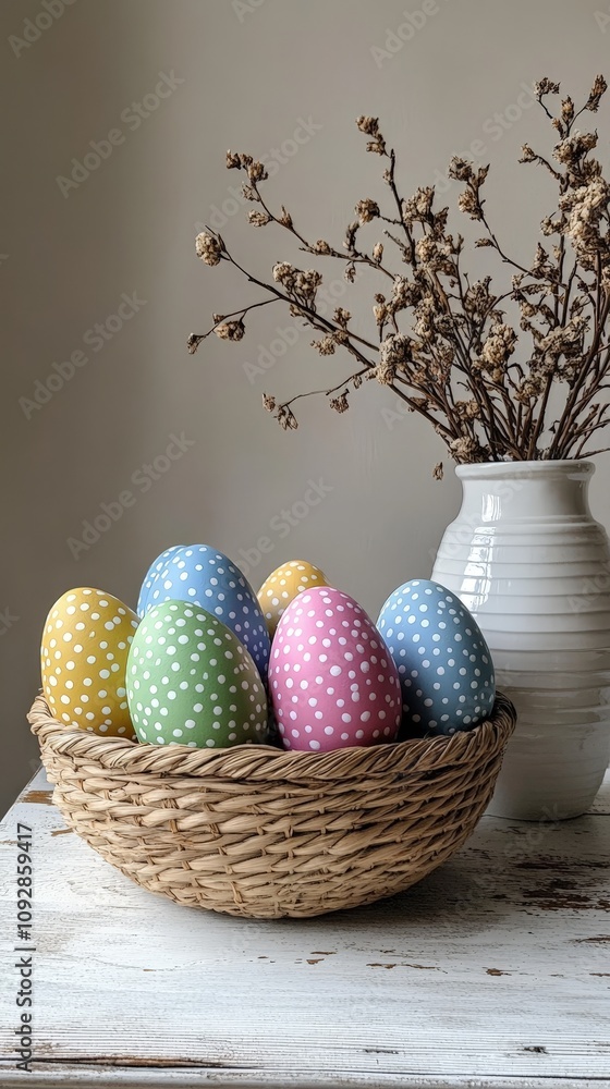 Polka-dot Easter eggs in wicker basket with flowers Polka-dot Easter eggs in wicker basket with flowers