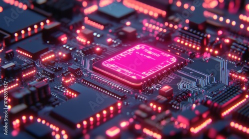 A close-up view of a circuit board with glowing components, showcasing technology and design.